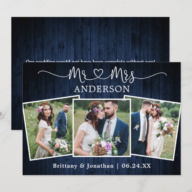 Tarjeta De Agradecimiento Boda Calligraphy Heart Mr Mrs 3 Photo Wood (Anverso / Reverso)