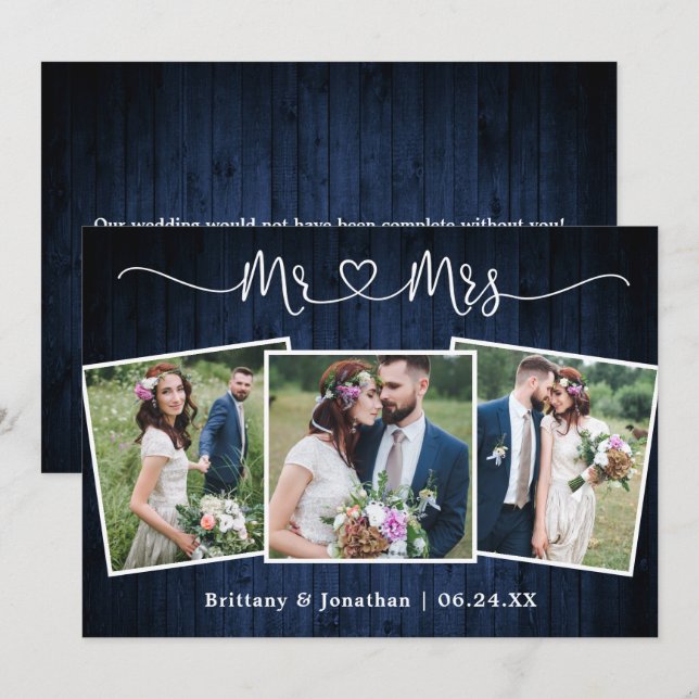 Tarjeta De Agradecimiento Boda Calligraphy Heart Mr. Mrs Wood 3 Foto (Anverso / Reverso)