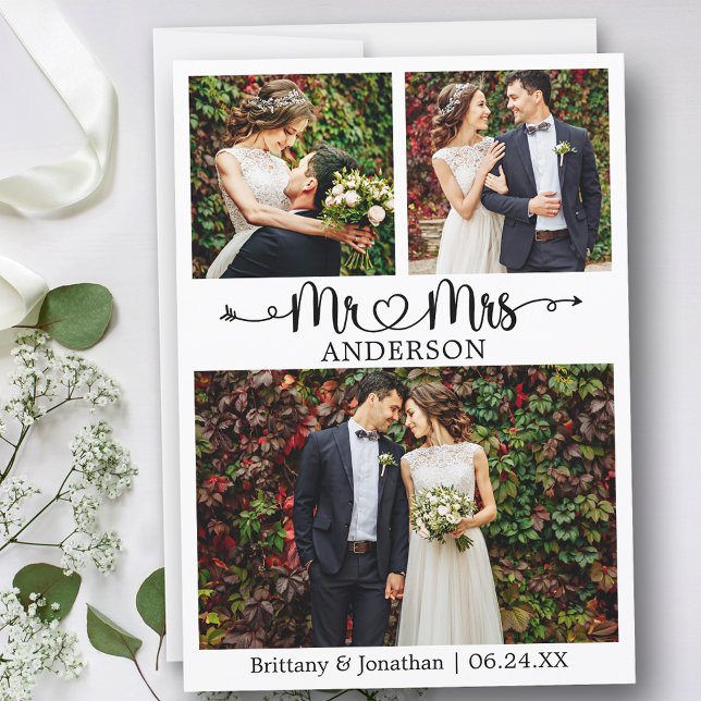 Tarjeta De Agradecimiento Boda Calligraphy Heart Mr. y Mrs. 3 Photo (Customize to change your personalized text size or text style.)