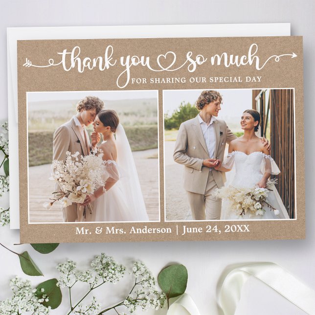 Tarjeta De Agradecimiento Boda Calligraphy Heart Script 2 Photo Kraft (Customize to change your personalized text size or text style.)