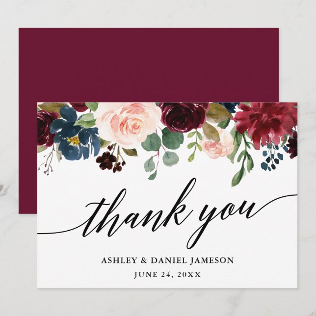 Tarjeta De Agradecimiento Boda Calligraphy l Burgundy Blue Floral (Anverso / Reverso)