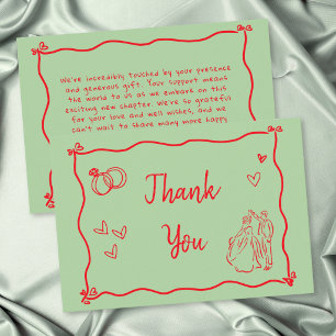 Tarjeta De Agradecimiento Boda Caprichosa Corazón Dibujado a Mano Verde Rojo
