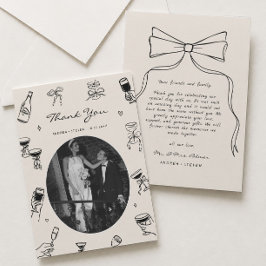 Tarjeta De Agradecimiento Boda caprichosa negra con foto dibujada a mano