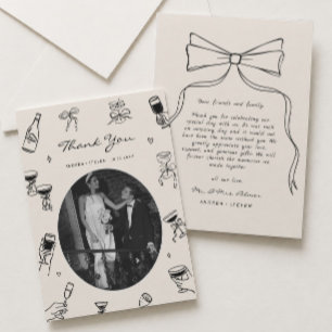 Tarjeta De Agradecimiento Boda caprichosa negra con foto dibujada a mano
