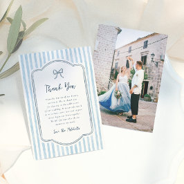 Tarjeta De Agradecimiento Boda Caprichosa Retro con Lazo y Rayas Azules