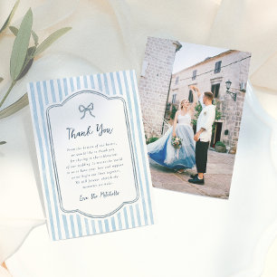 Tarjeta De Agradecimiento Boda Caprichosa Retro con Lazo y Rayas Azules