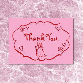 Tarjeta De Agradecimiento Boda caprichosa retro dibujada a mano rosa rojo