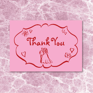 Tarjeta De Agradecimiento Boda caprichosa retro dibujada a mano rosa rojo