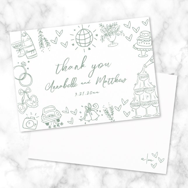 Tarjeta De Agradecimiento Boda Caprichosa Verde Dibujada a Mano (Hand Drawn Green Whimsical Wedding Thank You Card)