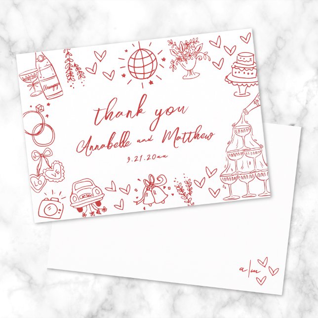 Tarjeta De Agradecimiento Boda caprichoso rojo (Hand Drawn Red Whimsical Wedding Thank You Card)