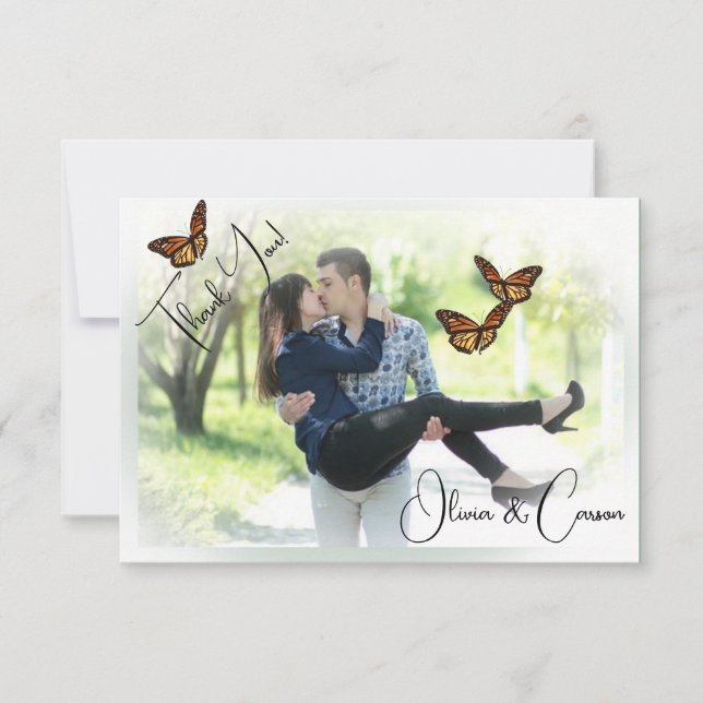 Tarjeta De Agradecimiento Boda Casual Foto Mariposa de borde Velum (Anverso)