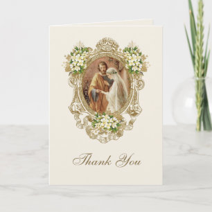 Tarjeta De Agradecimiento Boda católica elegante Floral dorado