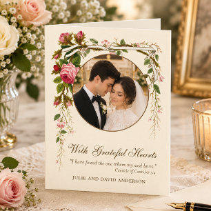 Tarjeta De Agradecimiento Boda católica vintage con Escritura y foto