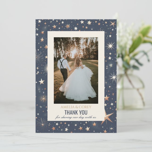 Tarjeta De Agradecimiento Boda celeste azul y oro (Anverso de pie)