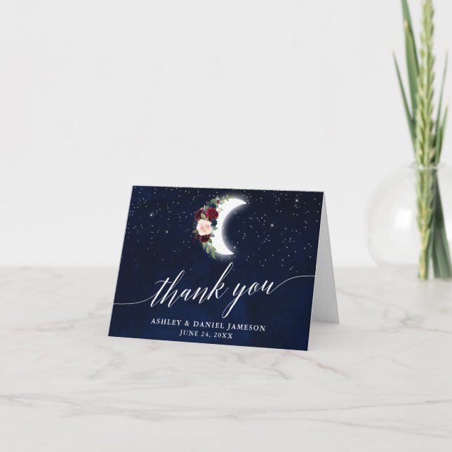 Tarjeta De Agradecimiento Boda celeste Floral Moon Calligraphy Note (Anverso)