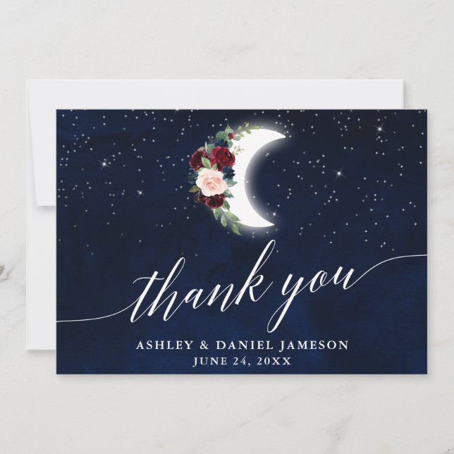 Tarjeta De Agradecimiento Boda celeste Moon Stars Calligrafía floral (Anverso)