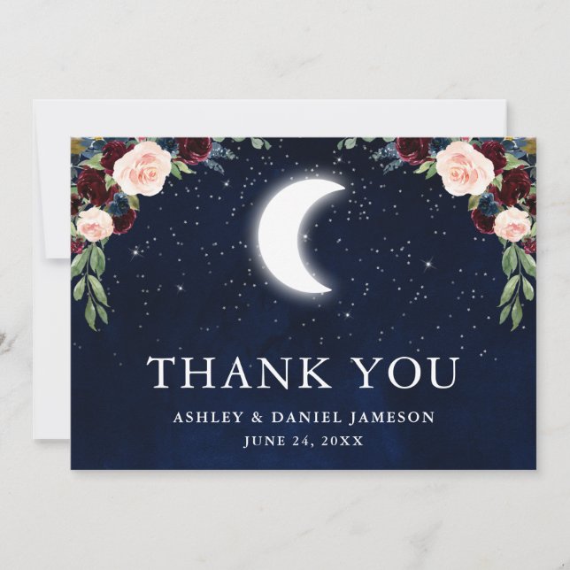 Tarjeta De Agradecimiento Boda celeste Sky Moon Stars Floral (Anverso)