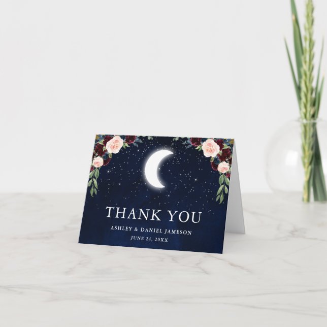Tarjeta De Agradecimiento Boda celeste Sky Moon Stars Floral Note (Anverso)
