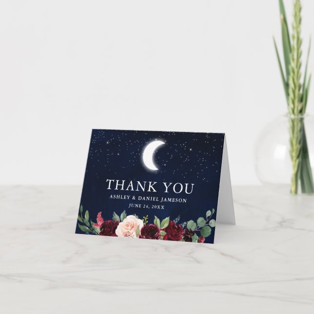 Tarjeta De Agradecimiento Boda celeste Sky Moon Stars Floral Note (Anverso)