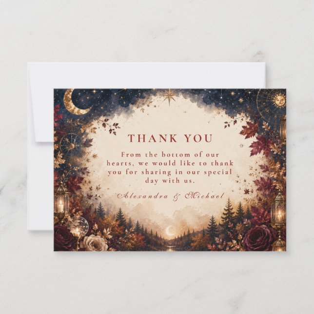 Tarjeta De Agradecimiento Boda Celestial de Otoño Caprichosa (Anverso)