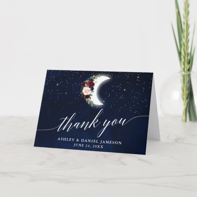 Tarjeta De Agradecimiento Boda celestial Floral Moon Calligraphy Fold (Anverso)
