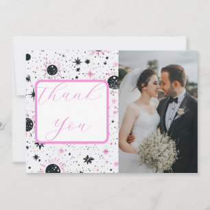Tarjeta De Agradecimiento Boda Celestial Sol Luna Estrellas Negro y Rosa