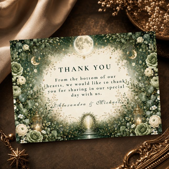 Tarjeta De Agradecimiento Boda Celestial Verde Elegante (Subido por el creador)