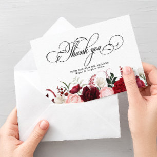 Tarjeta De Agradecimiento Boda Chic Floral Burgundy Acuarela Romántica