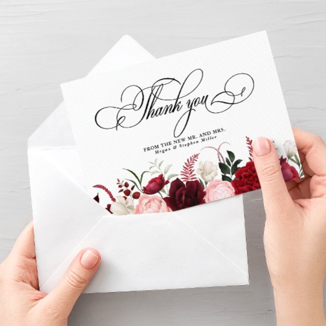 Tarjeta De Agradecimiento Boda Chic Floral Burgundy Acuarela Romántica (Subido por el creador)