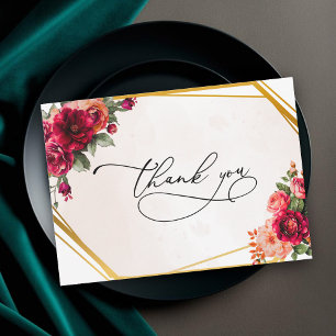 Tarjeta De Agradecimiento Boda chic roja rosa floral y falsa dorada