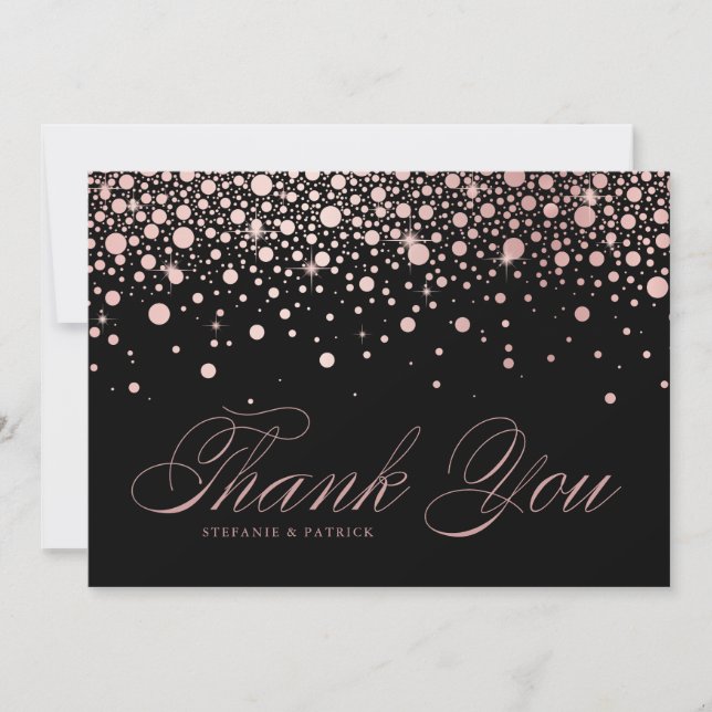 Tarjeta De Agradecimiento Boda Chic Rose Gold Foil Confeti Caídas Negro (Anverso)