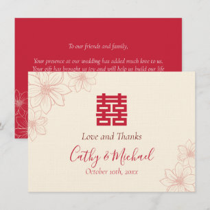 Tarjeta De Agradecimiento Boda china floral boho roja y beige