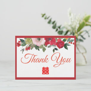 Tarjeta De Agradecimiento Boda china moderna floral acuarela roja rosa