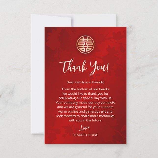 Tarjeta De Agradecimiento Boda chino de oro rojo (Anverso)