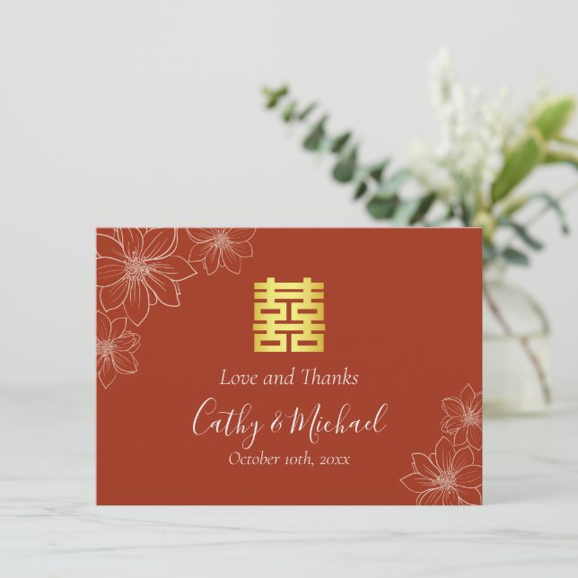 Tarjeta De Agradecimiento Boda chino floral rojo Boho (Anverso de pie)