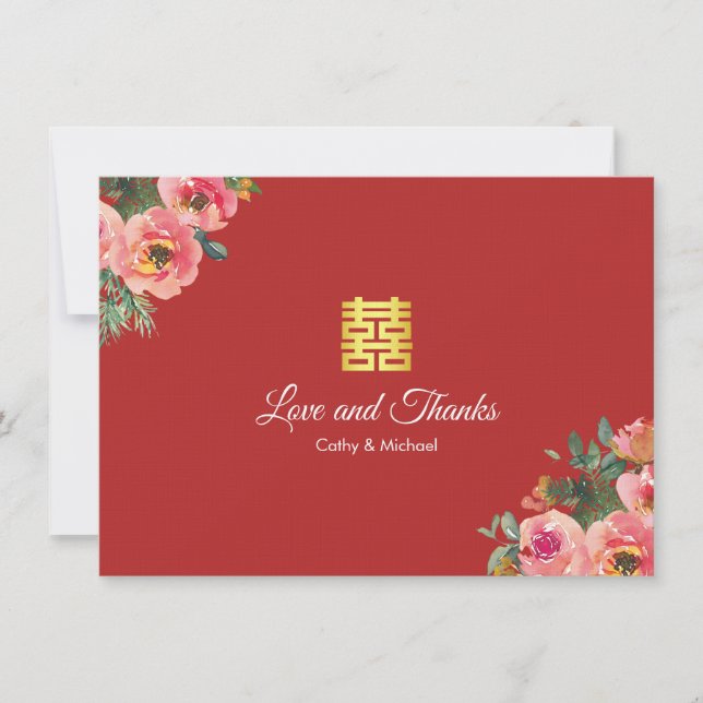 Tarjeta De Agradecimiento Boda chino moderno y florido (Anverso)