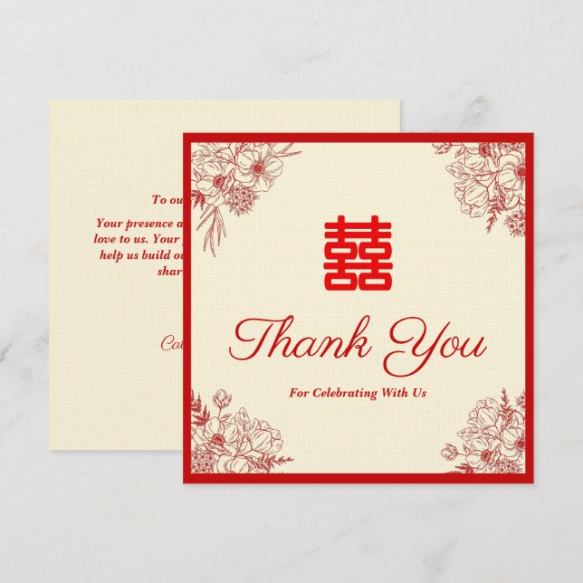 Tarjeta De Agradecimiento Boda chino rojo beige floral oriental (Anverso / Reverso)