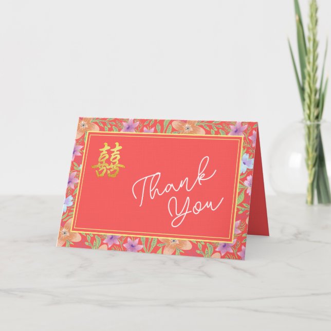 Tarjeta De Agradecimiento Boda chino rojo peranakan floral doble xi (Anverso)
