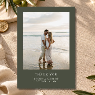 Tarjeta De Agradecimiento Boda Clásica de 2 Fotos en Verde Oliva