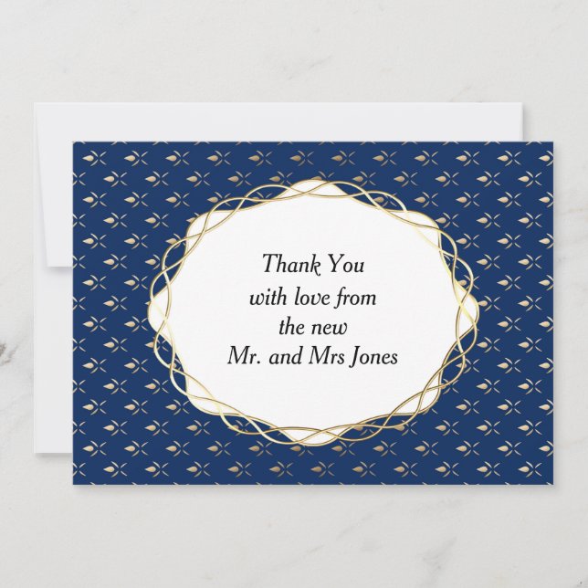 Tarjeta De Agradecimiento Boda Clásica de Azul y Dorado (Anverso)