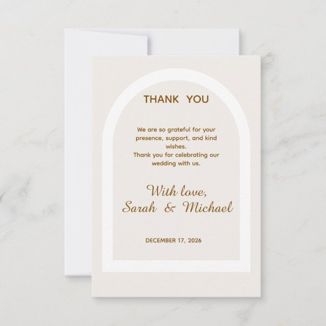 Tarjeta De Agradecimiento Boda con Arco Moderno y Brillo de Oro (Anverso)