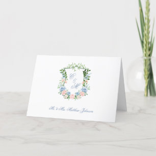 Tarjeta De Agradecimiento Boda con Cresta Floral Azul Polvoriento