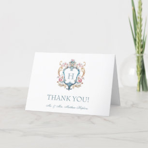 Tarjeta De Agradecimiento Boda con cresta floral monograma vintage