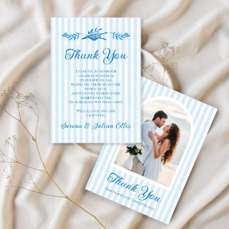 Tarjeta De Agradecimiento Boda con Foto de Franja Costera Acuarela Azul
