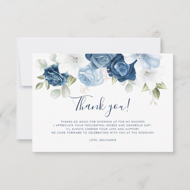 Tarjeta De Agradecimiento Boda con guión a mano floral azul polvoriento (Anverso)
