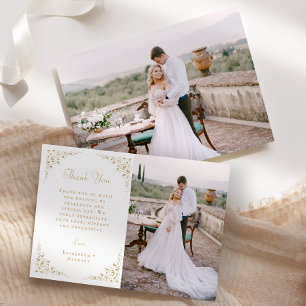 Tarjeta De Agradecimiento Boda con guión botánico vintage dorado