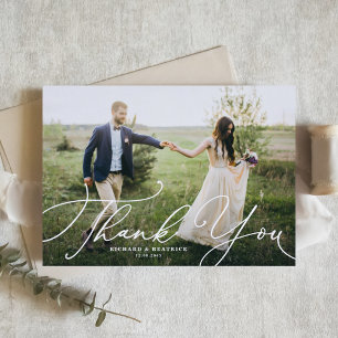 Tarjeta De Agradecimiento Boda con guión de Beatrice blanco elegante
