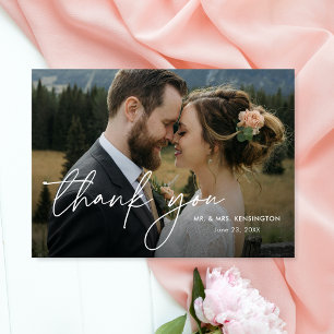 Tarjeta De Agradecimiento Boda con guión elegante simple moderno con dos fot