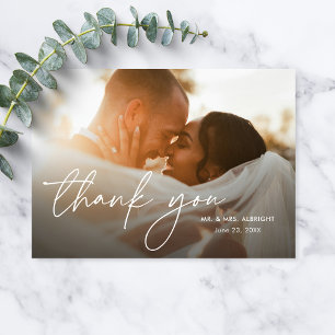 Tarjeta De Agradecimiento Boda con guión simple elegante moderno dos fotos