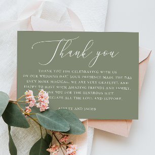 Tarjeta De Agradecimiento Boda con guión verde dusty sage Elegante rústico